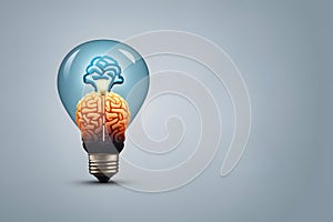 Light bulb with brain inside on grey background