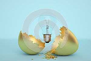 Light bulb with break gold egg on white background. 3D illustration.