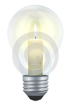 Light bulb with a burning candle inside. Electrical faults, breakdowns and outages, concept. 3D rendering