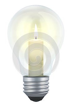 Light bulb with a burning candle inside. Electrical faults, breakdowns and outages, concept. 3D rendering photo