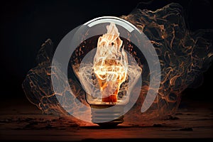 Light bulb, burning fire, campfire, green energy / idea or concept of energy and environment