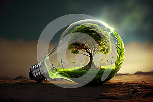 Light bulb, burning fire, campfire, green energy / idea or concept of energy and environment