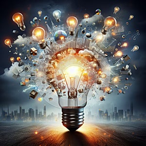 Light bulb and business digital marketing innovation technology icons on network