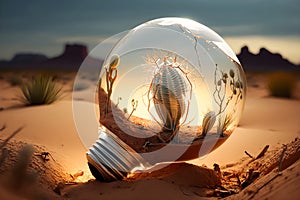 Light bulb with a cactus inside on the background of the desert. Earth day, protection and conservation of energy.