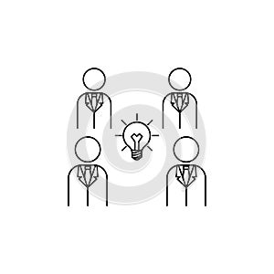 a light bulb in the center of people icon. Element of idea and solutions for mobile concept and web apps. Thin line icon for webs