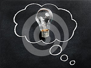 Light bulb on chalkboard. Thinking of new great idea. Brainstorming and creating. Creativity, innovation, inspiration.
