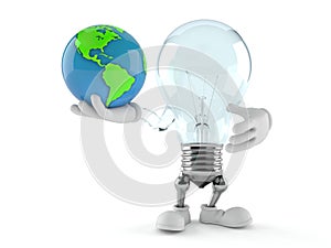 Light bulb character holding world globe