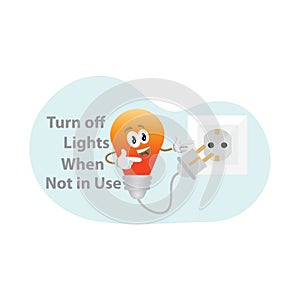 Light bulb character and inscription turn off lights when not in use. vector illustration
