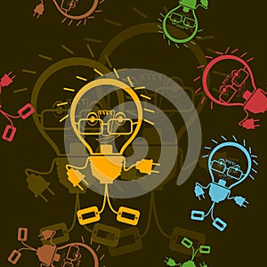 Light Bulb Character Vector Illustration With Dark Background Seamless Pattern