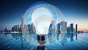 Light bulb with cityscape reflection on abstract background. 3D Rendering