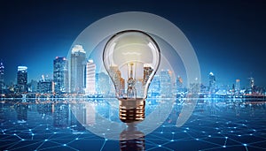 Light bulb with cityscape reflection on abstract background. 3D Rendering