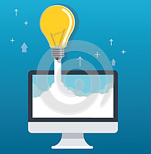 Light bulb on cloud and computer startup concept illustration