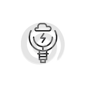 Light bulb with cloud and lightning inside outline icon