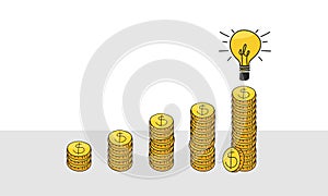 Light bulb with coins stack. Creative ideas for saving money concept. Rising energy cost concept