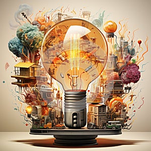 Light bulb with colorful explosion, idea and vision concept, brainstorming for solution, innovation and imagination