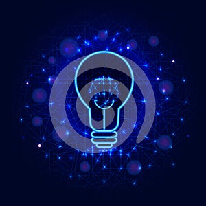 Lightbulb concept from lines, points and triangles on abstract blue low poly background. Lamp or light bulb design for creative id