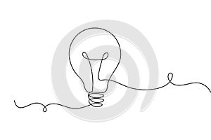 Light bulb continuous one line drawing on white background