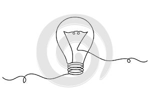 Light bulb continuous one line drawing on white background