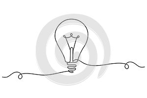 Light bulb continuous one line drawing on white background