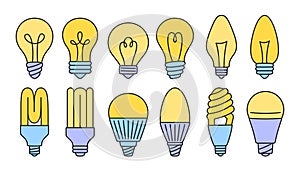 Light bulb contour icon set retro lamp ecology led line sign economy energy saving lightbulb vector