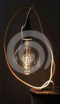 a light bulb with a cord attached to it and a light bulb on top of a wooden stump with a wire runnin