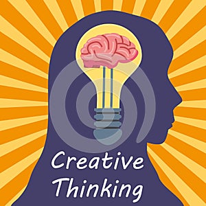 Light Bulb Creative Thinking Logo symbol brain inside. Head woman, creative idea, mind, solution, creativity. Vector