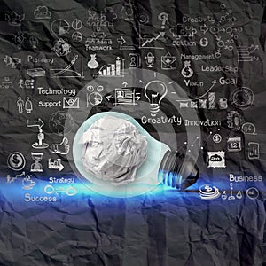 Light bulb 3d on business strategy on crumpled paper background