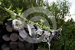 Light bulb decor in outdoor party, close-up