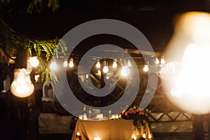 Light bulb decor in outdoor party. Wedding