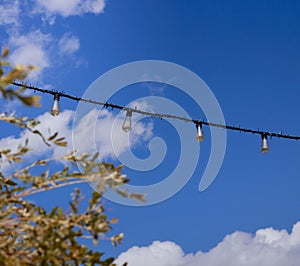 Light bulb decor. Street light bulbs on a lace on a background of blue sky and branches. Light bulb decor in outdoor.