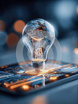 Light bulb with a digital globe inside glowing above a futuristic circuit board representing global innovation and technology