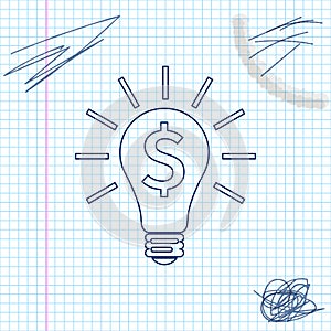 Light bulb with dollar symbol line sketch icon isolated on white background. Money making ideas. Fintech innovation