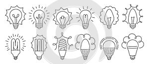 Light bulb doodle icon set retro glass lamp ecology led line sign economy lightbulb symbol idea