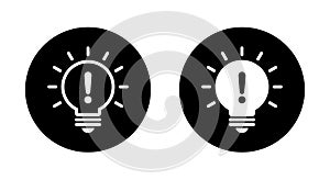 Light bulb exclamation mark icon on black circle. Warning lamp sign symbol