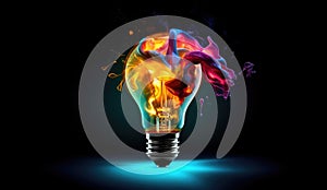 Light bulb explodes with colorful paint on a dark background