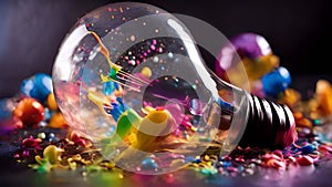 Light bulb explodes with colorful paint and splashes on a black background. Think differently, creative ideas concept .