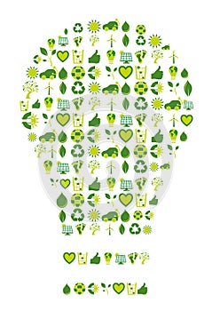 Light bulb filled with bio eco environmental icons and symbols