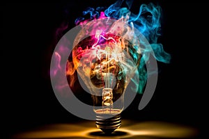 Light bulb filled with colorful fire, representing concept of new life and new ideas