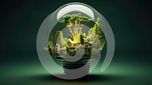 Light bulb filled with green leaves, house and plants. Concept of renewable and clean energy, sustainable resources, Earth Day