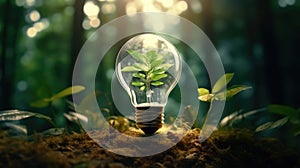 Light bulb filled with green leaves and plants. Concept of renewable and clean energy, sustainable resources, Earth Day