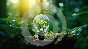 Light bulb filled with green leaves and plants. Concept of renewable and clean energy, sustainable resources, Earth Day