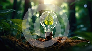 Light bulb filled with green leaves and plants. Concept of renewable and clean energy, sustainable resources, Earth Day