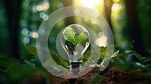 Light bulb filled with green leaves and plants. Concept of renewable and clean energy, sustainable resources, Earth Day