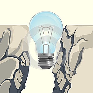 Light bulb filling rocky abyss illustration on white photo