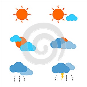 Weather forecast flat icon climate, sun, cloud, rain and bolt
