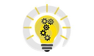 Light bulb flat icon. Lighting electric lamp with cog and gear wheels inside and rays, simple pictogram. Vector graphic design