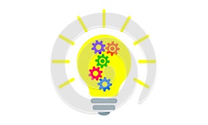 Light bulb flat icon. Lighting electric lamp with multicolored cog and gear wheels inside and rays, simple pictogram. Vector