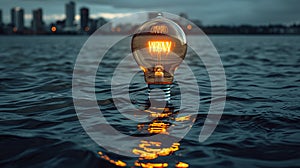 A light bulb is floating in the water with a city skyline behind it, AI