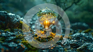 Light bulb in the forest with tree inside. Conceptual image