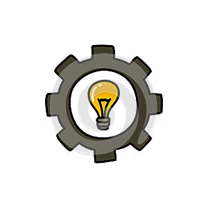Light bulb with gear doodle icon, vector color line illustration